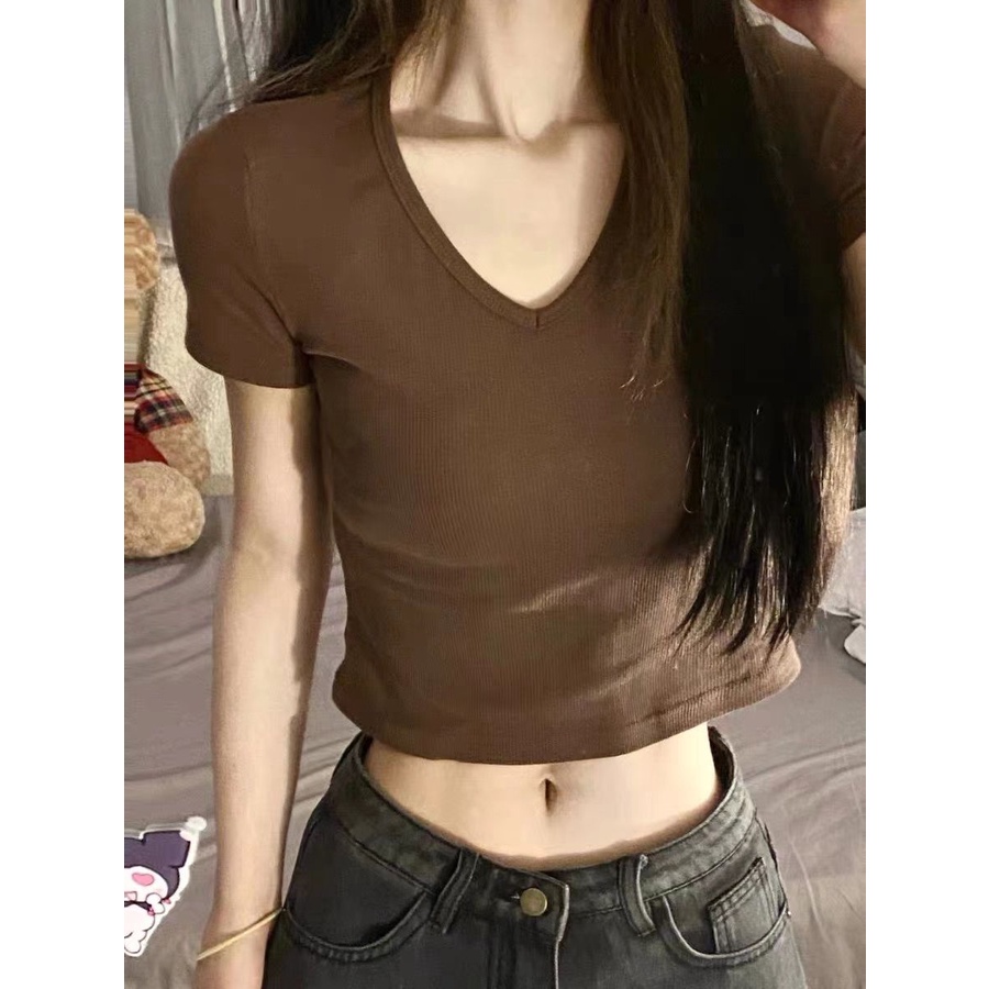 Red Rasa desain niche American retro depan bahu V-neck lengan pendek T-shirt wanita musim panas in pasang hot gadis pendek slim top trendi