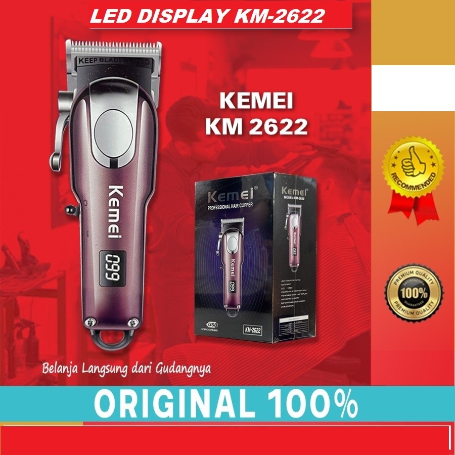 Hair Clipper Kemei KM 2622 Alat Cukur Pangkas Rambut Elektrik LCD -RED