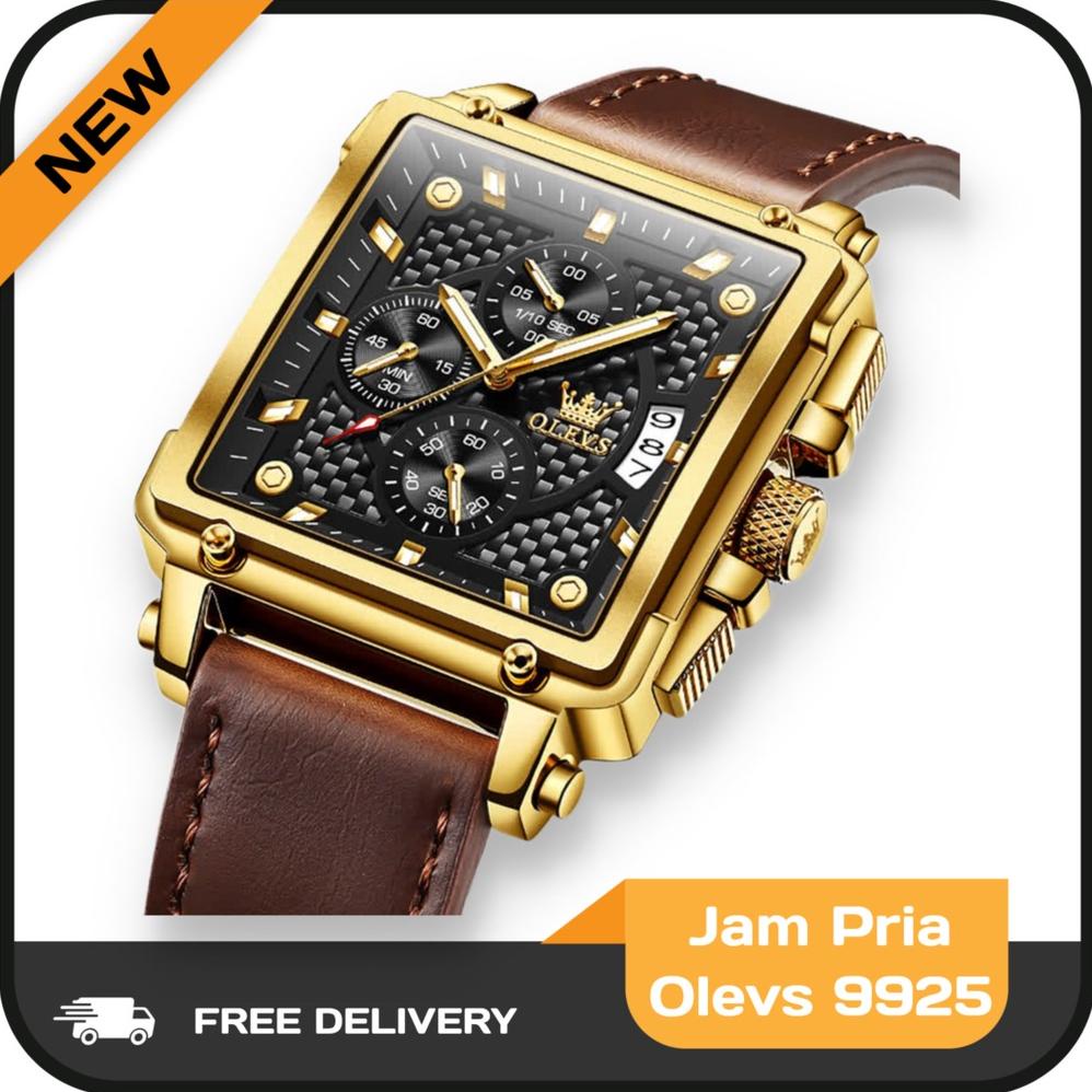 7.7 Olevs 9925 Jam Tangan Petak Pria Anti Air Kulit Led Luxury Chronograph Watch Men Multifungsi Ber