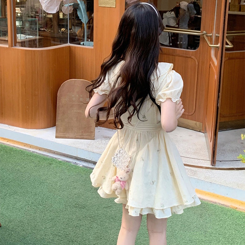 Red French sweet and cute apricot floral dress female Korean version of the niche high-end doll collar waist short skirt