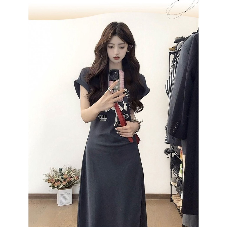 Red French slit Hepburn style slim waist dress wanita musim panas plus ukuran rok panjang temperamen manis berkualitas tinggi