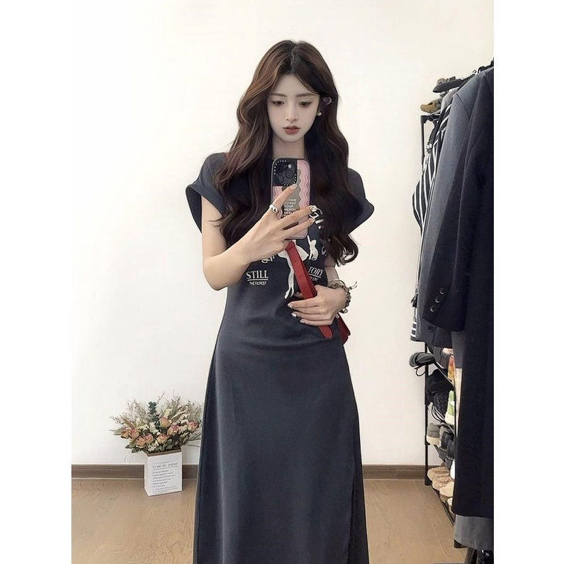 Red French slit Hepburn style slim waist dress wanita musim panas plus ukuran rok panjang temperamen manis berkualitas tinggi