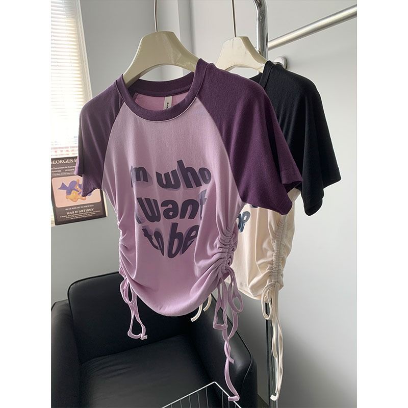 Red ZVBV Pure Desire Hot Gadis Pendek Lengan Raglan Serut T-Shirt Wanita Slim Slim Dopamin Memakai Atasan lengan Pendek