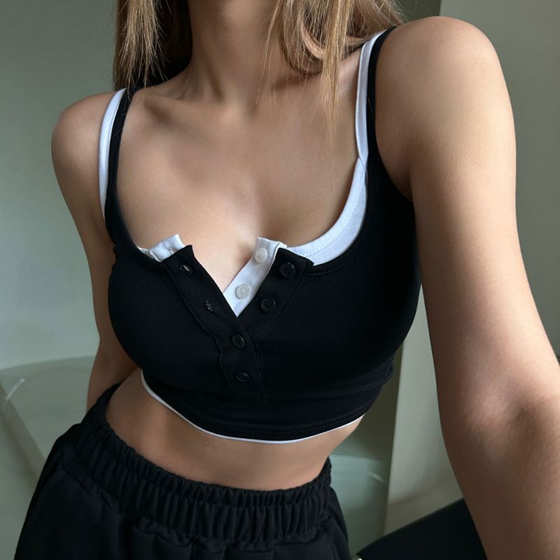 Red Kontras warna Rapcopter Eropa dan Amerika palsu kamisol splicing dua potong wanita kancing rajutan gadis seksi menari pasang atas