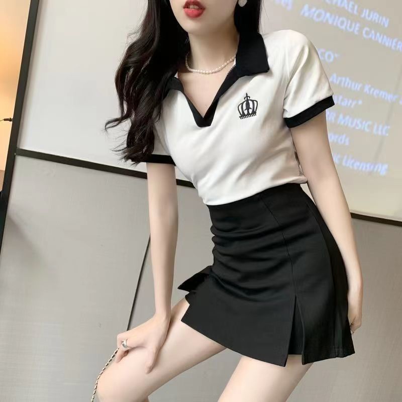 Red 2022 musim panas versi Korea baru V-neck T-shirt pendek top temperamen tinggi pinggang celah tas hip rok celana setelan jas