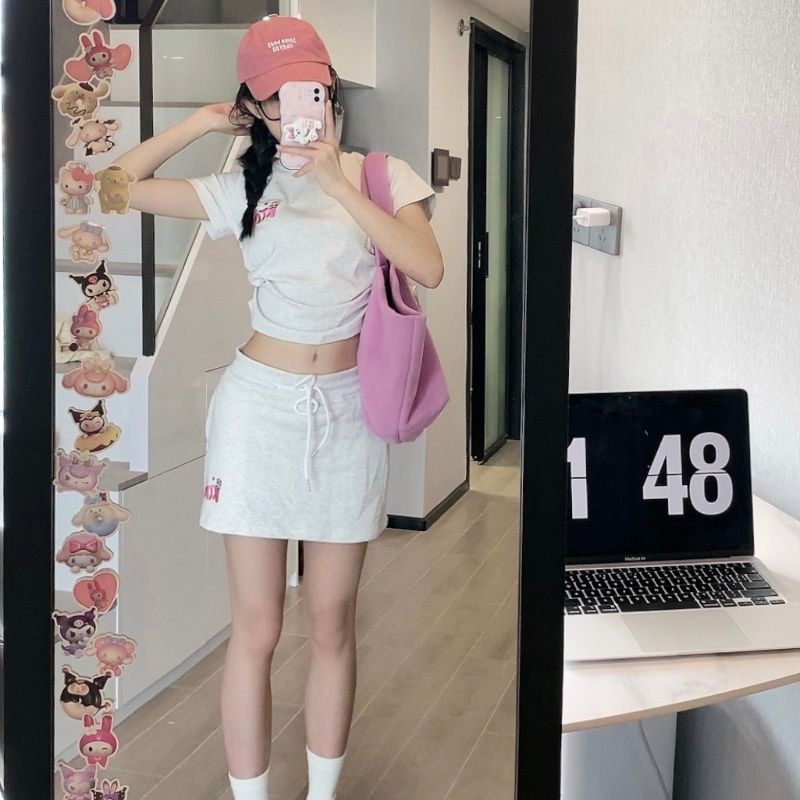Red Keinginan murni setelan perempuan bordir kasual T-shirt pendek tas lengan rok baru hot gadis musim panas ceruk dua potong tipis
