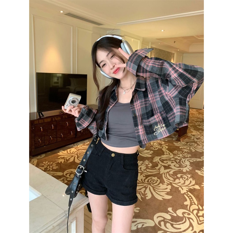 Red Kotak-kotak POLO kerah lengan panjang kemeja pendek mantel manis setelan keren perempuan musim panas hot gadis kamisol set dua potong