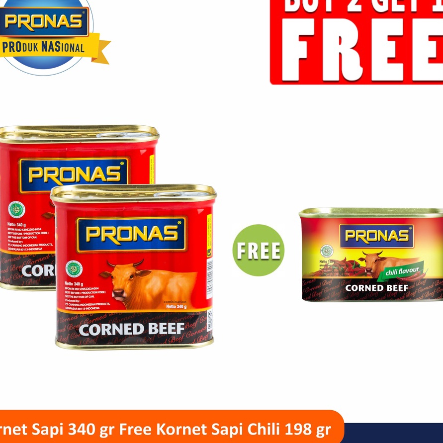 

✨SHOPEE MALL✨ PRONAS Kornet Sapi 340 gr (2pcs) Free Kornet Sapi Chili 198 gr (1pcs) buruan