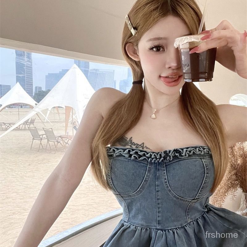 Rompi bustier vintage/desain baru wanita/atasan seksi/denim untuk pakaian luar