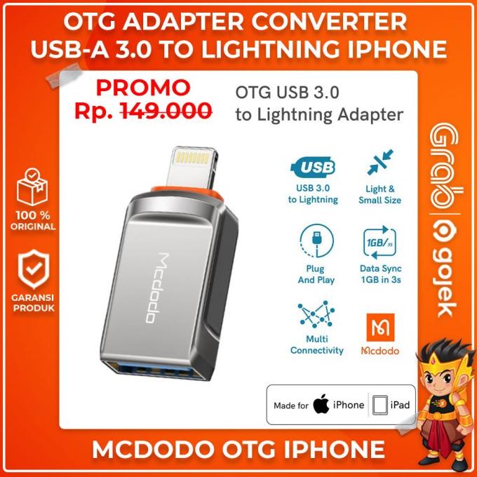 Mcdodo Otg Iphone Lightning Converter Usb A 3.0 Flashdisk Original
