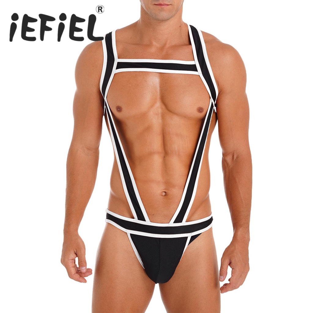 Mens Sexy Body Chest Harness Thong Bodysuit Bulge Pouch Jockstrap Underwear One-piece Catsuit Leotar