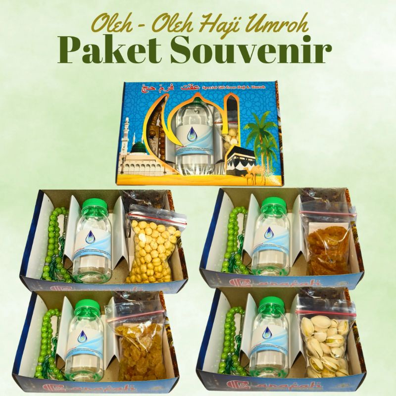 

Paket oleh oleh/souvenir makanan box haji umroh 25pcs 50pcs 100pcs 200pcs 1 set lengkap komplit tasbih bulat 33, kurma khalas, kismis simin/sukan, kacang arab, kacang fustuk, air zam zam+botol+stiker