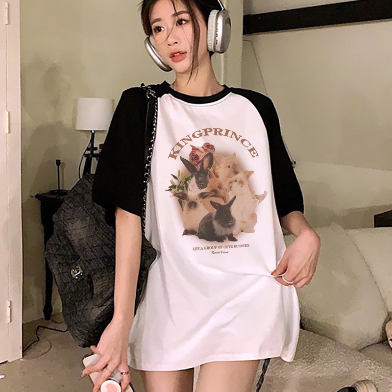 Print T-shirt Kaos Lengan Pendek Cartoon Rabbit Family Printing Oversize Atasan Wanita Korean Style