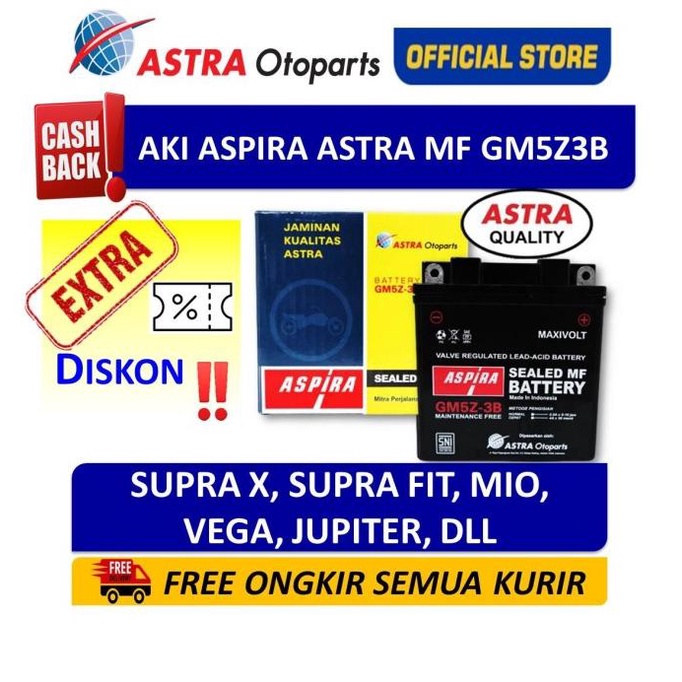 Aki Aspira Gm5Z3B Mf(5 Ah)-Aki Motor Supra,Mio,Jupiter Z,Tornado,Vega Original