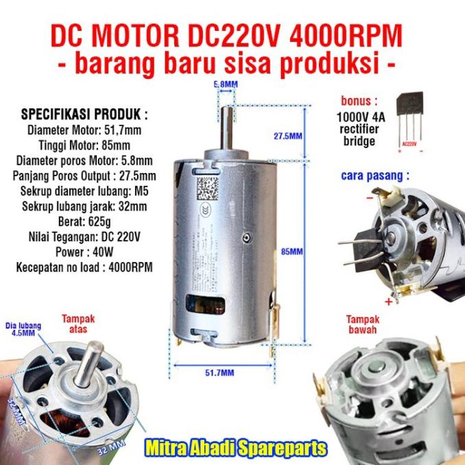 Dinamo Fan Motor DC 220V 4000 RPM Rectifier DIY Gerinda Bor