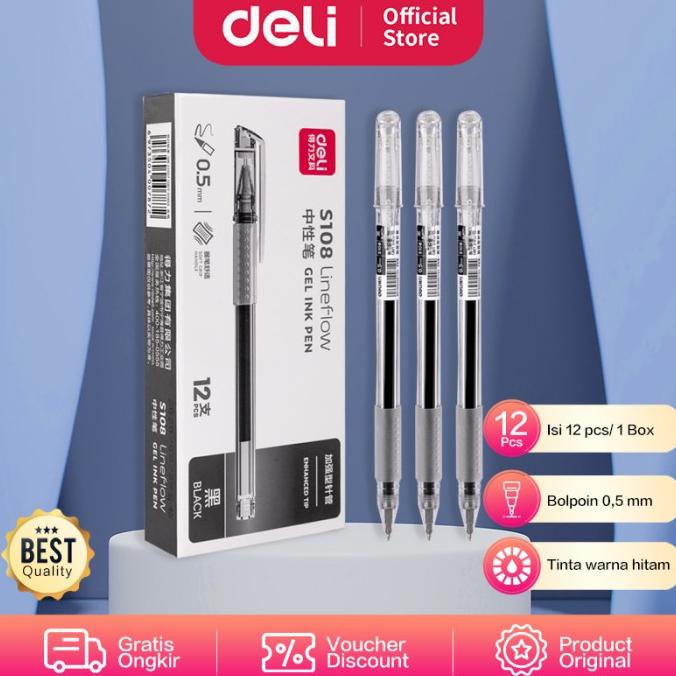 

Deli Gel Pen / Pulpen Gel 0.5Mm Tinta Hitam Isi 12Pcs/Box S108