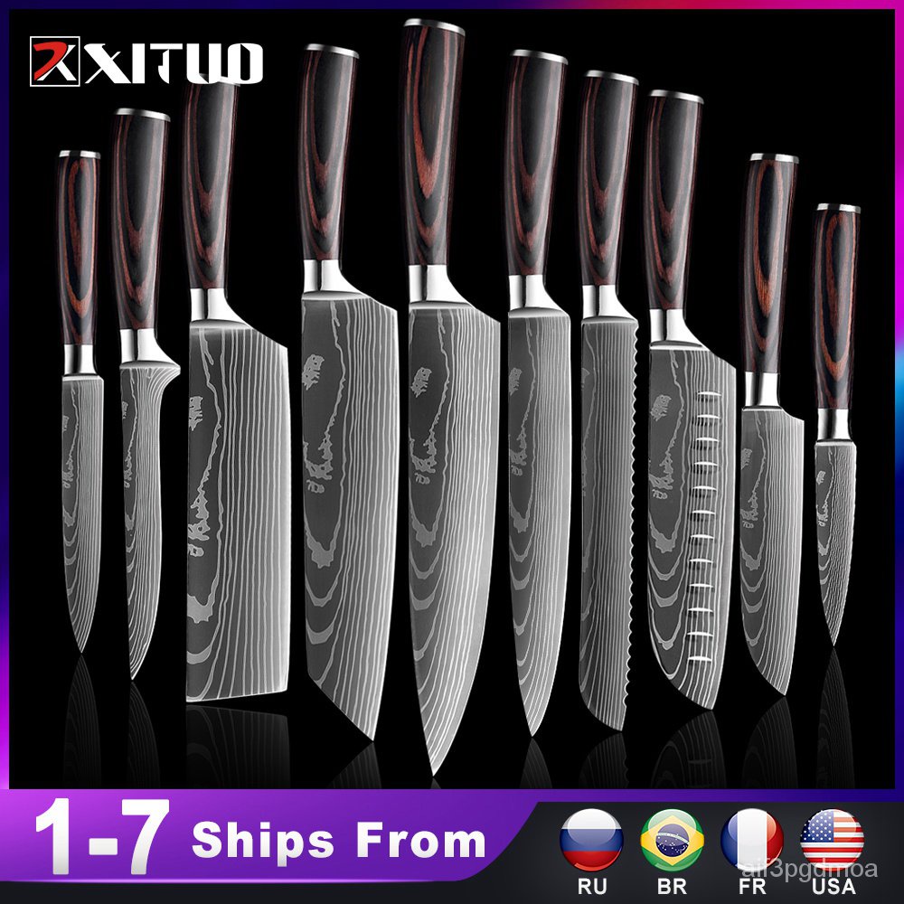 &XITUO Chef knife 1-10 Pcs Set Kitchen Knives Laser Damascus Pattern Sharp Japanese Santoku Knife Cl
