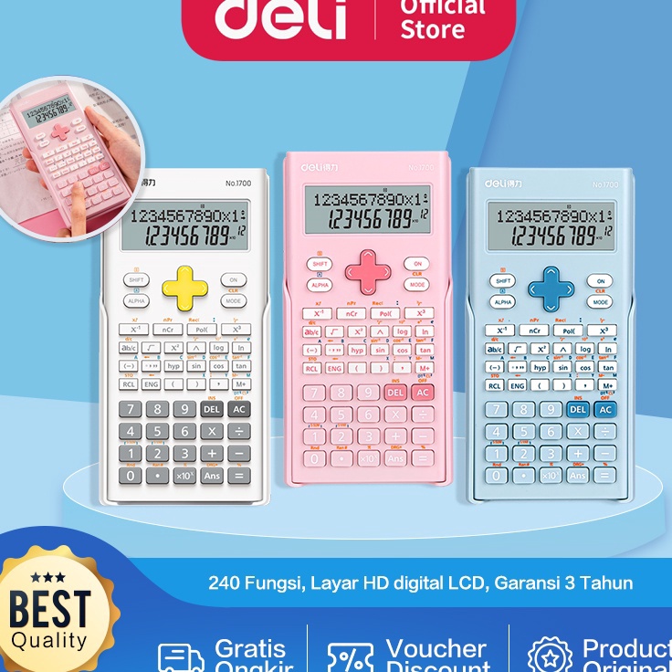 

[KODE PRODUK 0HJ7A9476] Deli Calculator Scientific Kalkulator 240 Fungsi Kalkulasi 3 Warna 1700