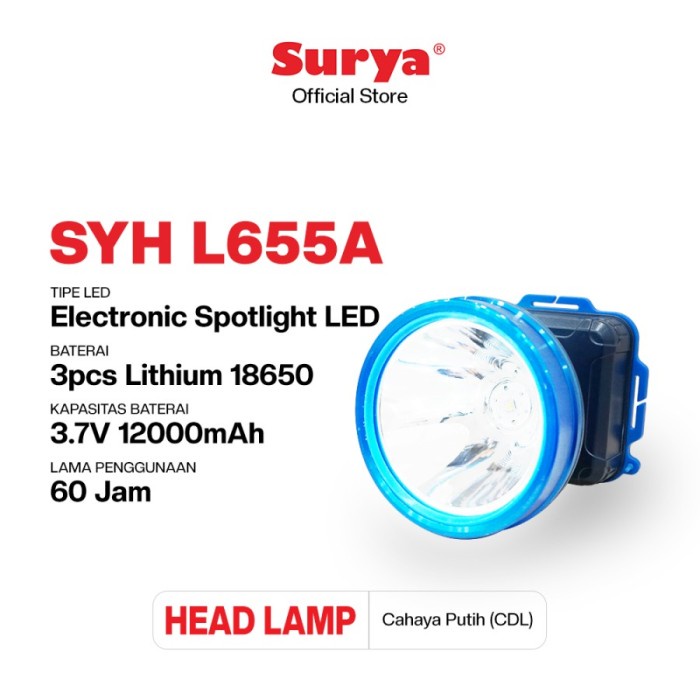 Terlaris Surya Syh L655A Senter Kepala Led 65 Watt 12000 Mah Jarak Cahaya 500M