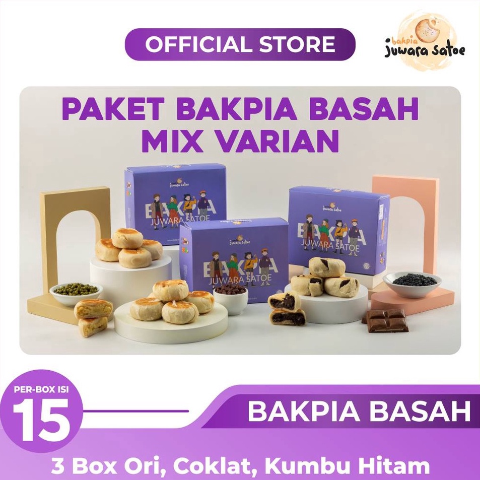 ➤Terlaris➫ BBSLP [ 3 BOX ] PAKET BAKPIA BASAH MIX Kacang Hijau, Kumbu Hitam dan Coklat - JUWARA SATOE W80 ❁Ready Stock