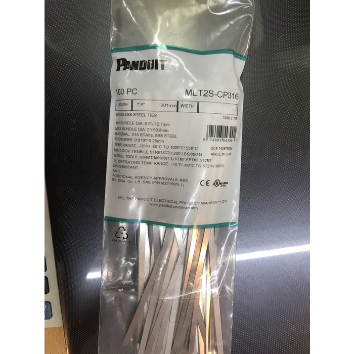 

Panduit Stainless Steel Cable Ties Mlt2S-Cp316 P216Mm - Ties 20Cm