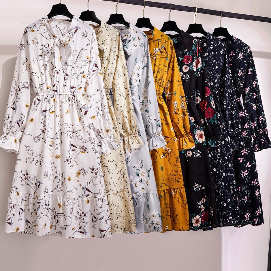 Star 7.7 Warna solid hitam merah Wanita midi dress korea lengan panjang Muslimah motif bunga panjang