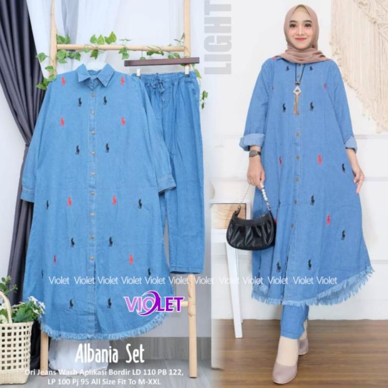 Viral Albania Set | Jeans Ld 110Cm | Setelan Jeans | Baju Jeans | Tunik Jeans J23X