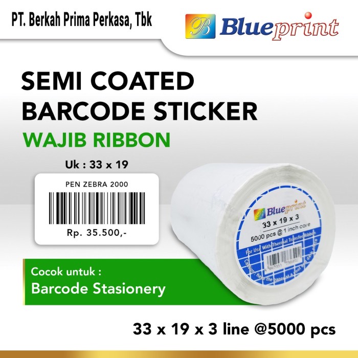 

Terlaris Sticker Label Barcode 33X19Mm 3 Line Semi Coated Blueprint Isi 5000Pcs