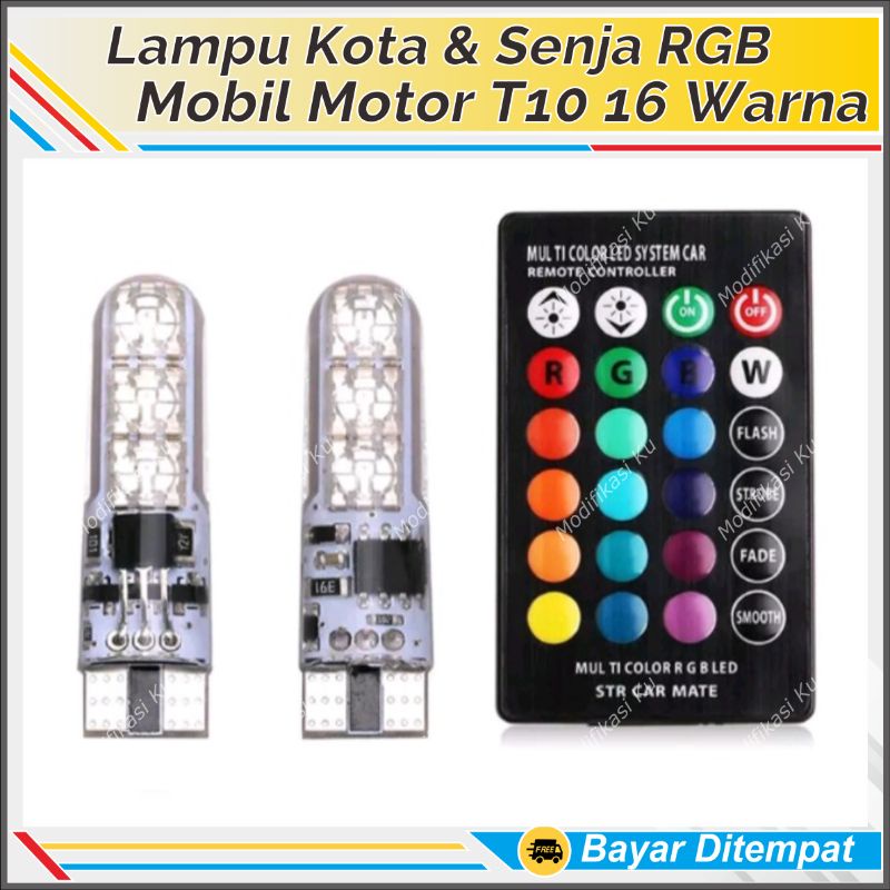LAMPU KOTA SENJA RGB REMOTE PELANGI WARNA WARNI T10 LED 16 WARNA PLAT NOMOR KABIN MOTOR MOBIL VARIO 