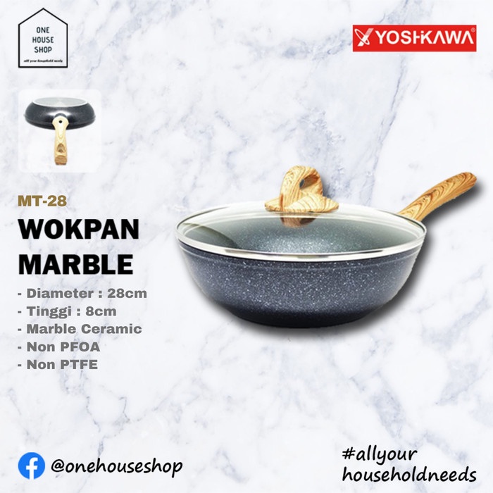 Wok Pan Anti Lengket YOSHIKAWA Marble Ceramic Wok Tutup Kaca 28 cm