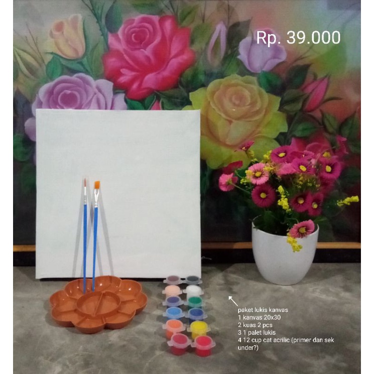 

KANVAS 20 x 20 SET CAT 12 WARNA (PRIMER & SKUNDER) PALET KUAS