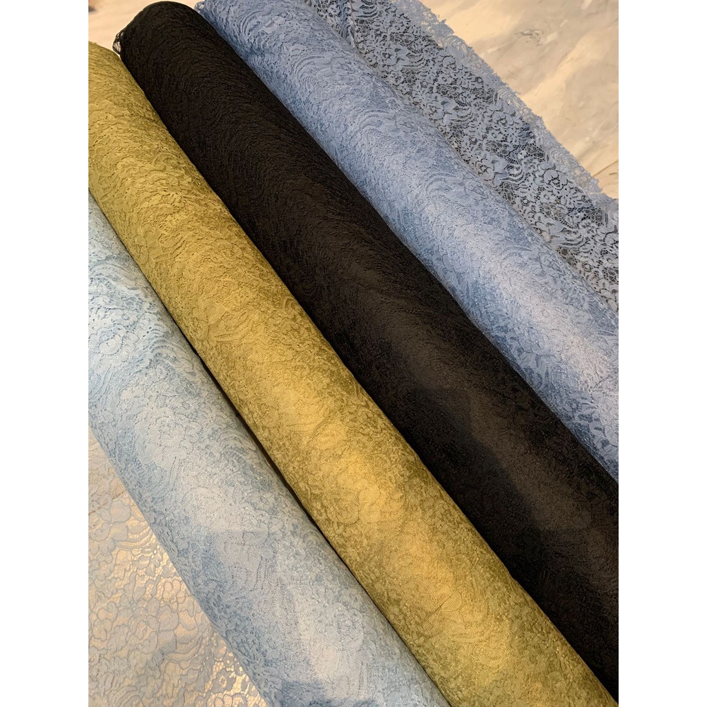 Bahan Kain Brokat Brukat Lace Katun CCord Cordnelli Corneli Mewah Elegan Warna Biru Denim Blue