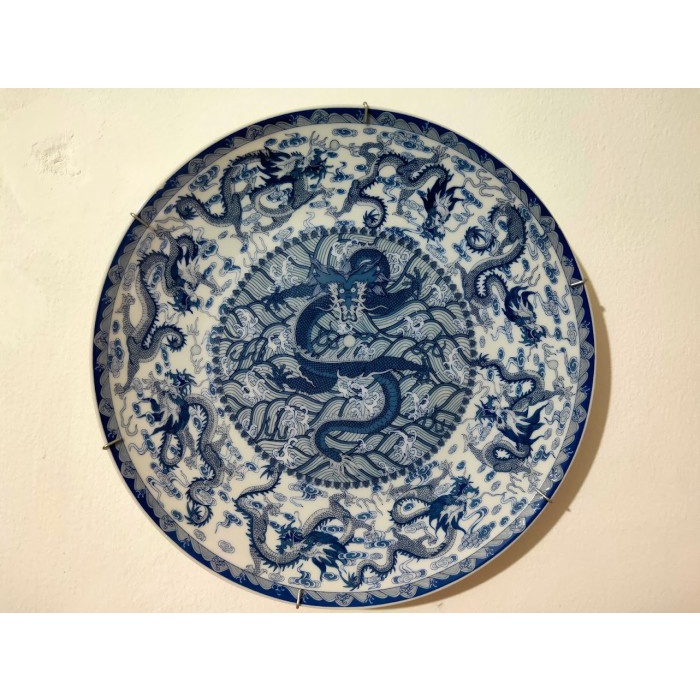 HOT SALE KERAMIK PAJANGAN PIRING ANTIK CINA KANSAI BLUE WHITE MOTIF NAGA #01 TERMURAH