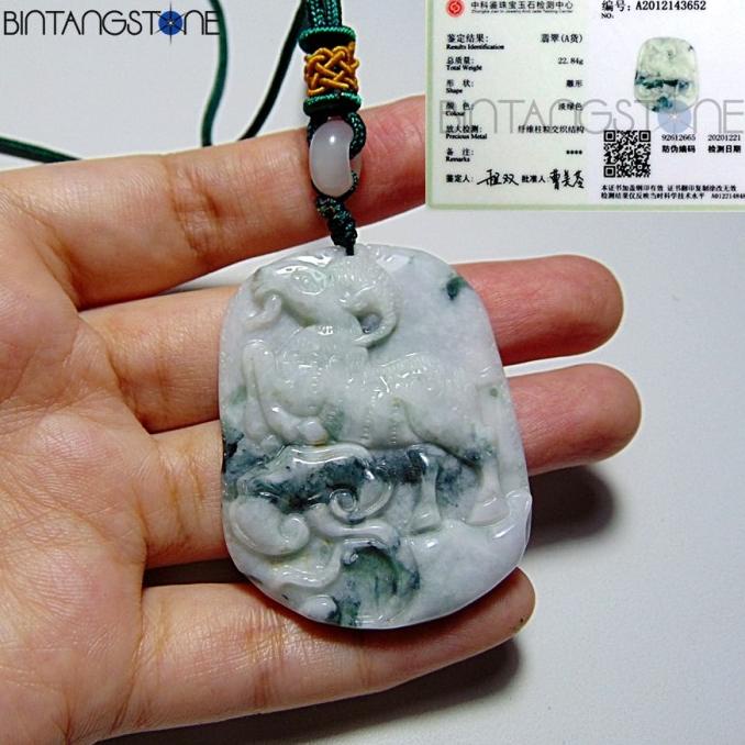 <<<<<] Floral Green Jadeite Sheep Ruyi Kalung Giok Kambing Fei Cui Asli Burma