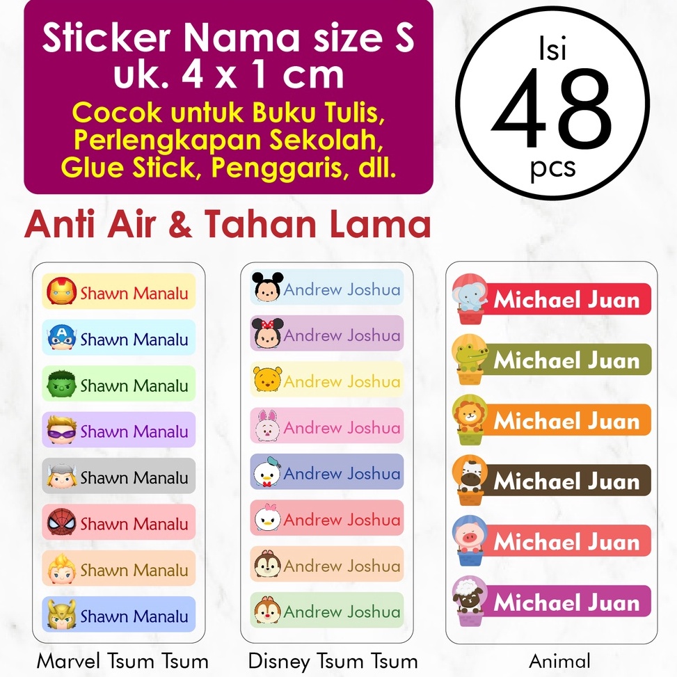 

➾Dijual Murah✿↔ NJPRV Stiker Label Nama Custom Ukuran S isi 48 pcs Label Nama Anak Waterproof Tahan Air Stiker Pensil Warna Label Pensil Label Botol Minum sticker tempat makan stiker mainan stiker buku stiker kalkulator Warna Warni Disney Tsum Tsum