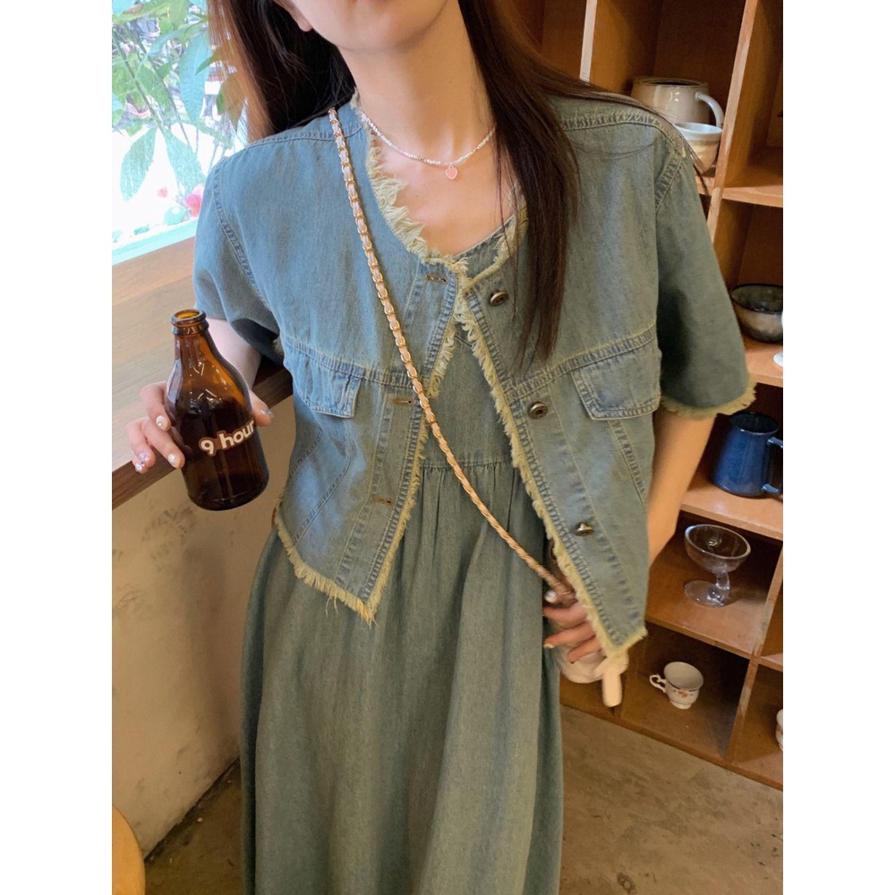 GemukMMKemeja Lengan Pendek Denim, Ukuran Besar Musim Panas Retro Berumbai Burr+Rok Jins Wanita, Set