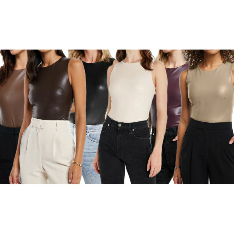 Buruan Order Gan sz XS-XL • 6 COLORS • EXPRESS FAUX LEATHER BODY CONTOUR HIGH NECK BODYSUIT 987➩