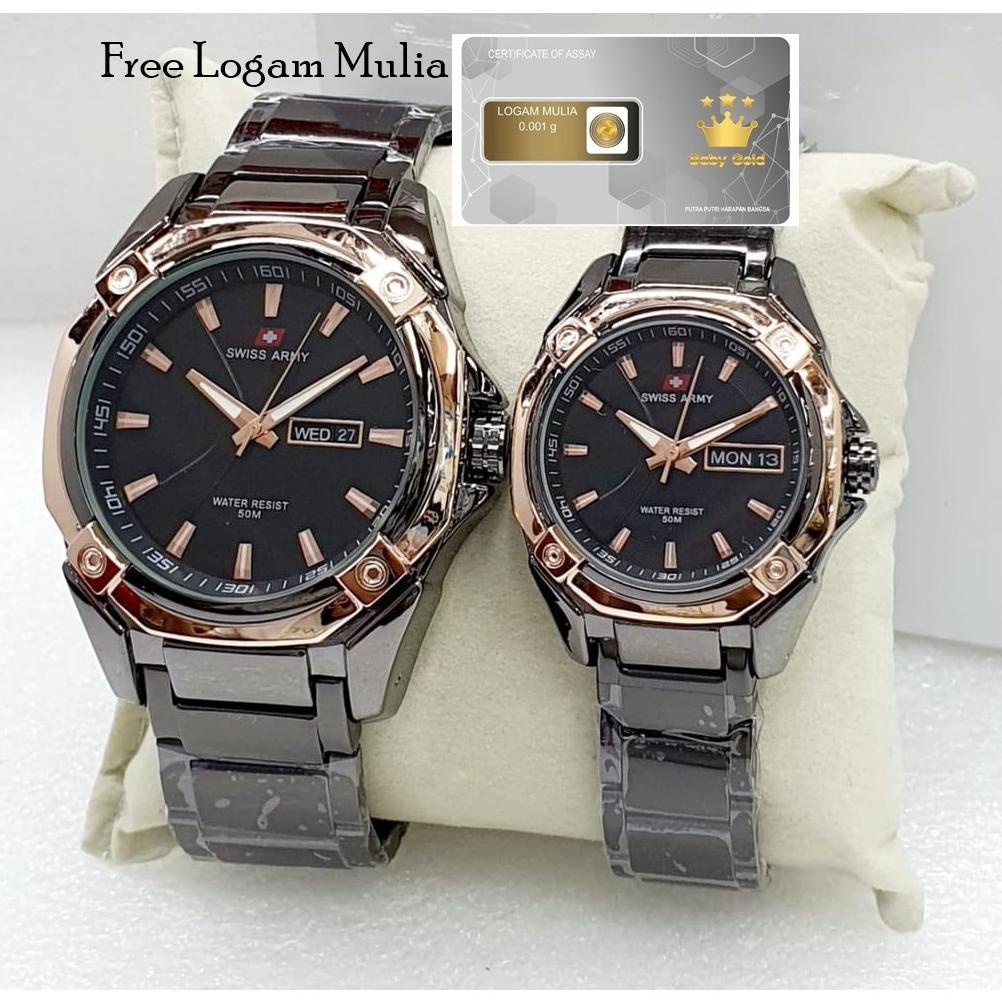 BISA COD [COD] Free Emas - Jam Tangan Couple / Pasangan S1904A CL Tanggal , Hari Aktif Tali Rantai F