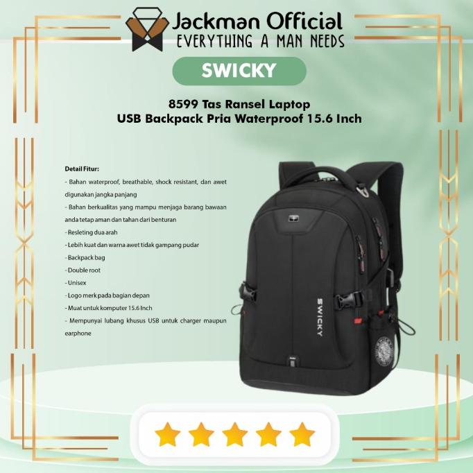 SWICKY 8599 Tas Ransel Laptop USB Backpack Pria Waterproof 15.6 Inch