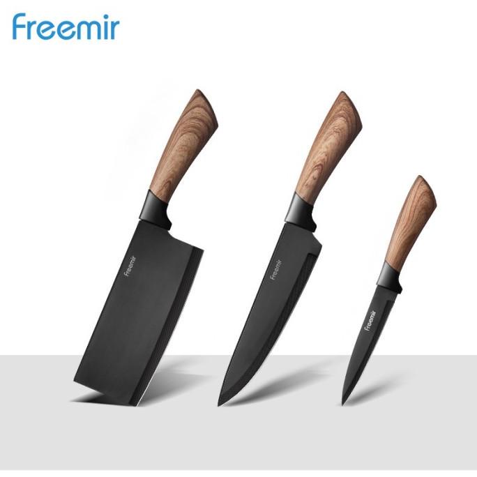 freemir Set Pisau 3 Pcs Pisau Dapur Anti Lengket Gagang Kayu - Hitam