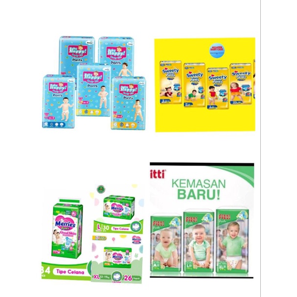 [SIAP KIRIM] PAMPERS BABYHAPPY/ SWEETY /FITTI / MERRIES SIZE NB/ M / L / XL / XXL