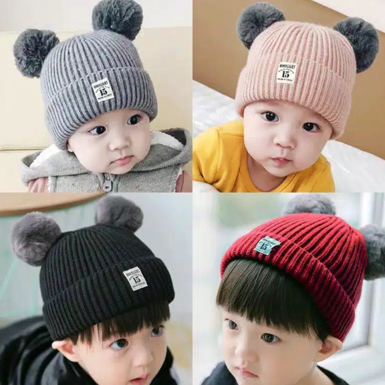 9+NDN2-D Topi Kupluk Bayi Polos Model Pompom Laki Laki Perempuan Usia 0 3 6 bulan umur 1 2 3 Tahun t