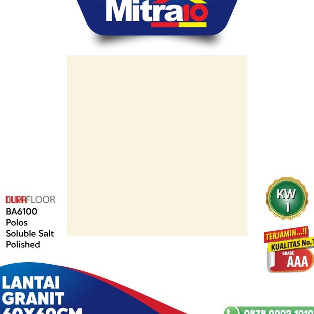 Dijual  Durafloor Granit Lantai 60x60 Cream Motif Polos Soluble Salt Polished BA6100 Super Sale