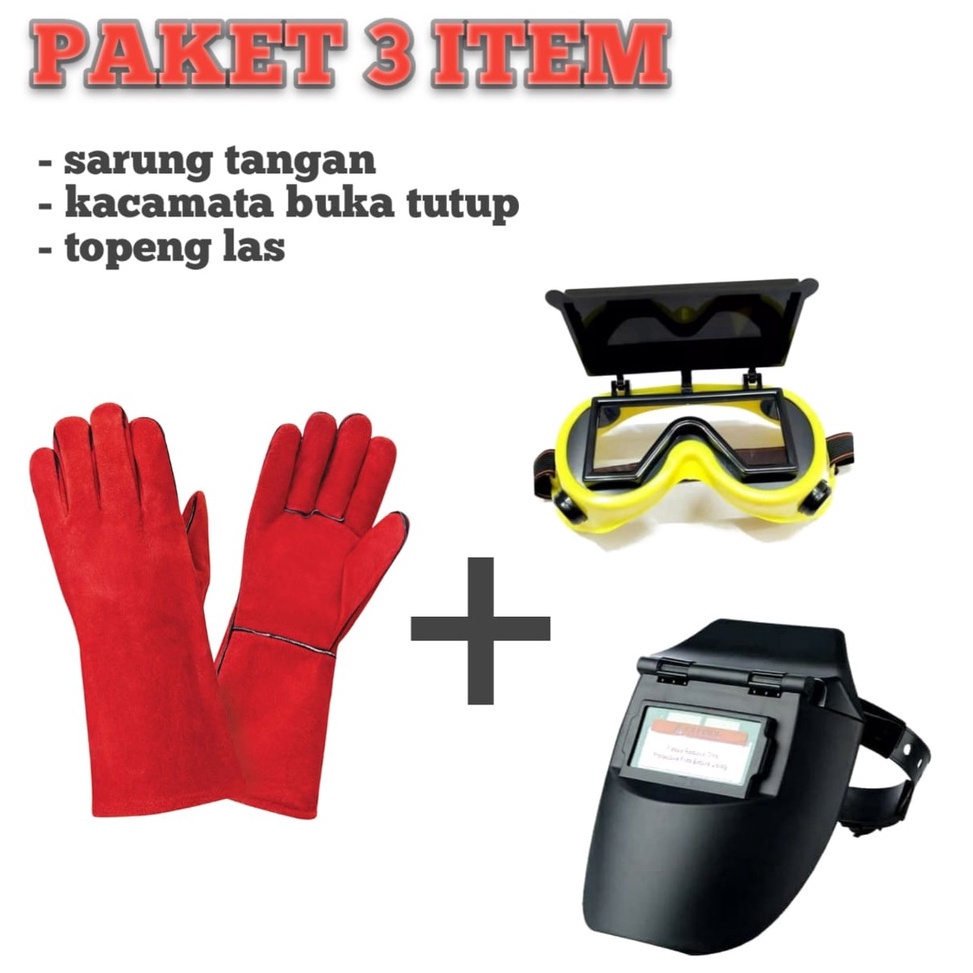 Kbu PAKET HEMAT 3 item Sarung Tangan Las Kulit Merah + TOPENG Kedok Helm Las Auto Dark Otomatis Gela