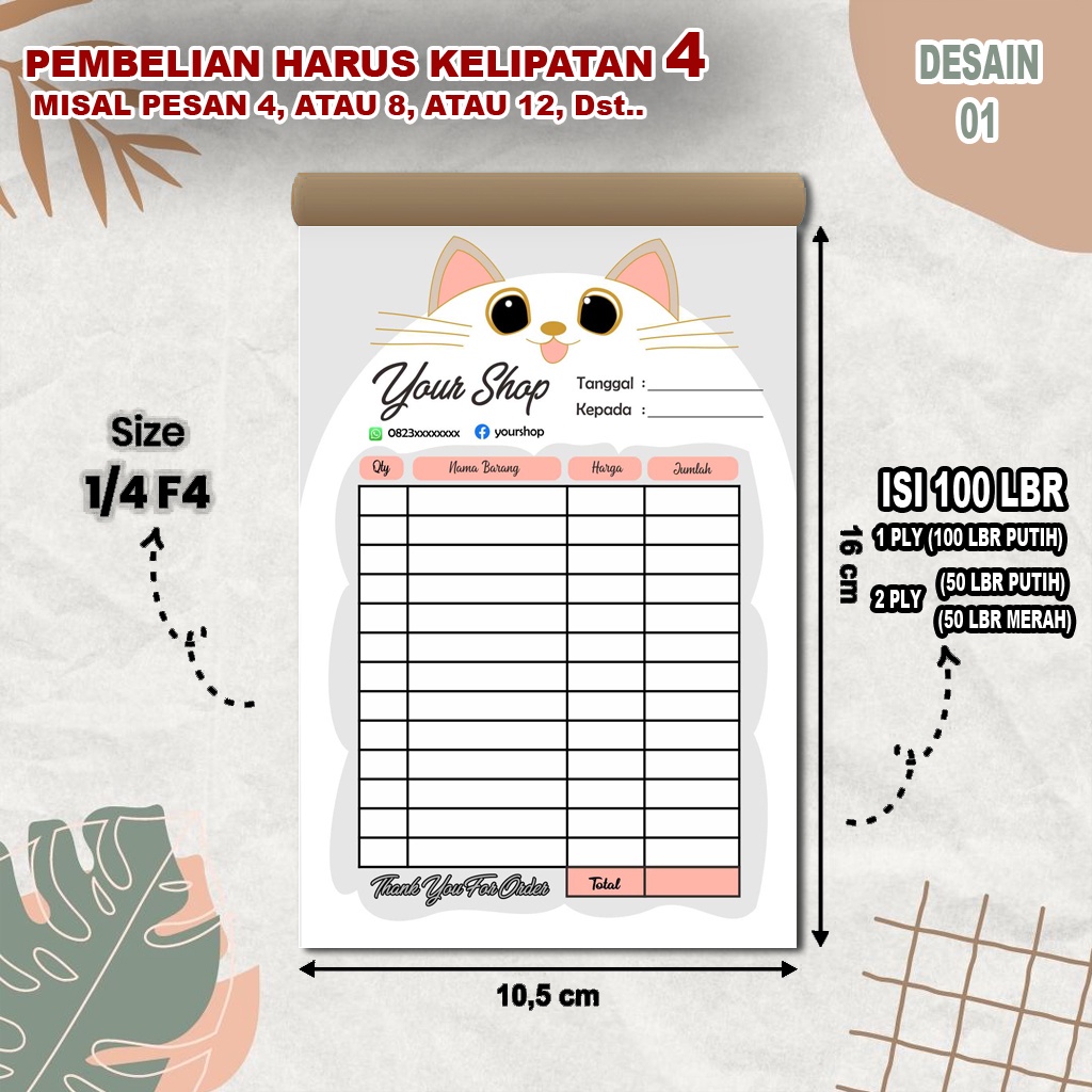 

CVK NOTA OLSHOP ISI 100 LEMBAR CUSTOM FULL COLOR BISA 1 PLY MAUPUN 2 PLY NCR NNK