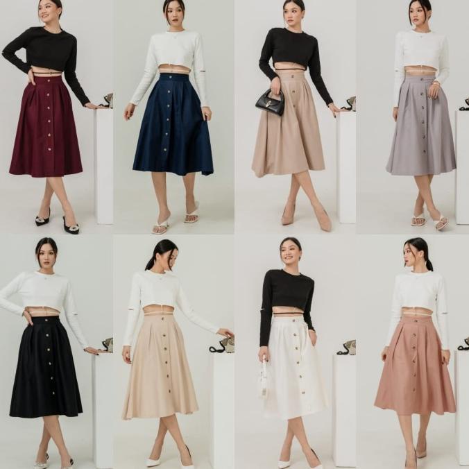 R771 Rok Midi Wanita Casual Katun Twill Flare Skirt
