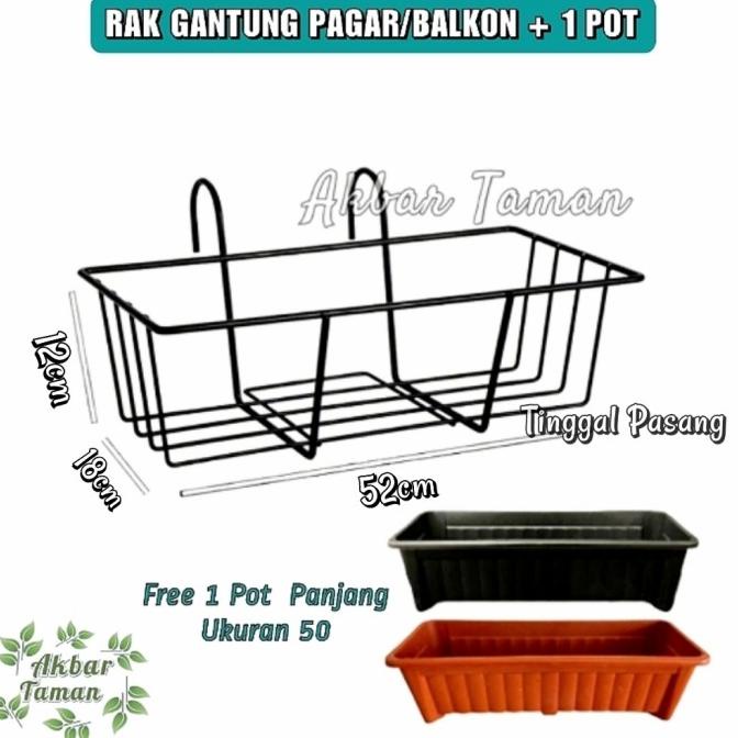 Rak Gantung Besi Untuk Pagar/Balkon + Free Pot Panjang Ukuran 50