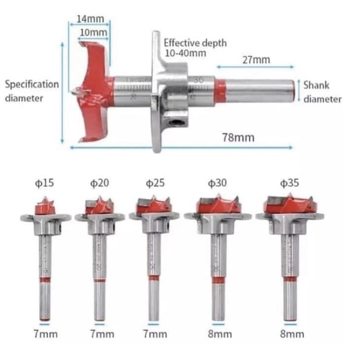 Mata Bor Engsel Sendok Set 5 Pcs Hinge Boring Drill Forstener Bit Tct