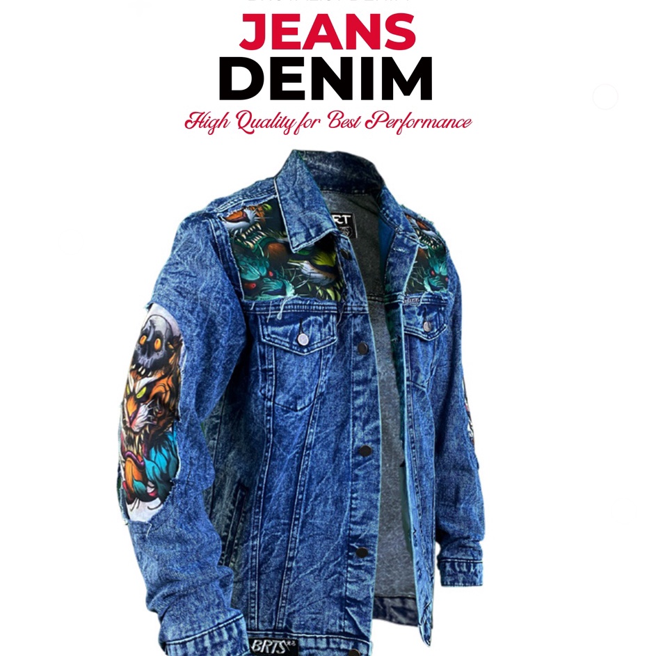 QCTN0140 STAR Jaket Jeans Pria Denim Jacket Distro Full Printing Motif Batik Naga