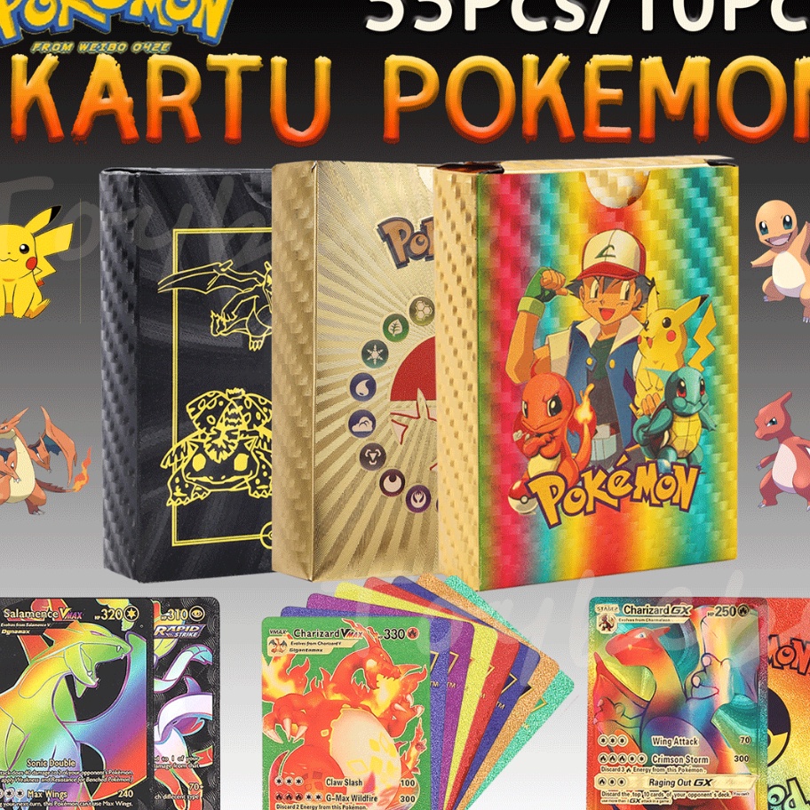 ぽ XIX 9115 [Ready]ORI Kartu Pokemon Go Pikachu Charizard 10pcs Bahan Metal Warna Emas Silver Bahasa 
